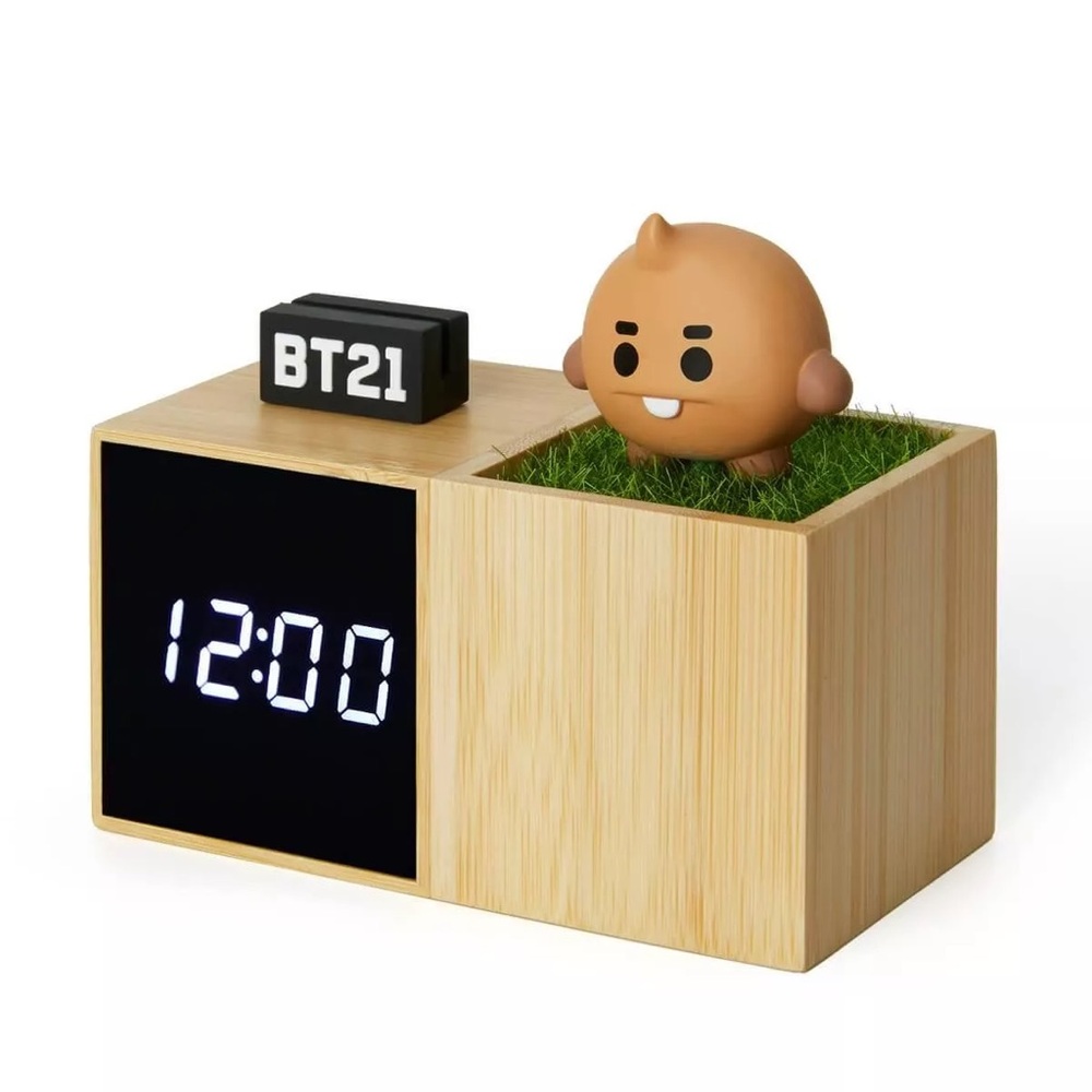 OFFICIAL BT21 x Royche Baby Shooky Small Bamboo Wood Digital Desk Alarm Clock